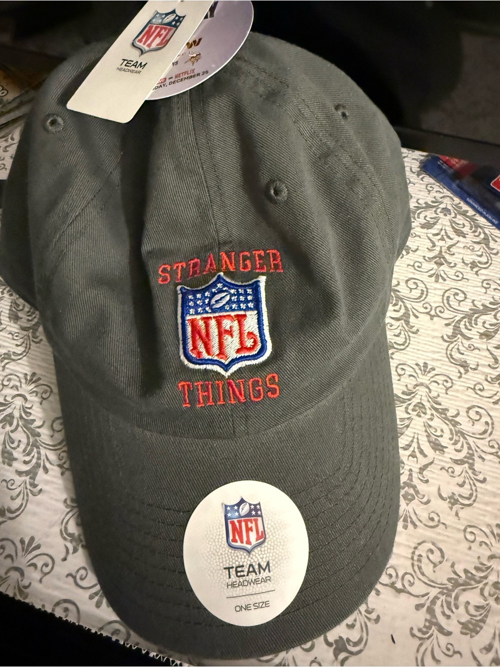 NFL Stranger Things Charcoal Gray Embroidered Adjustable Dad Hat One Size